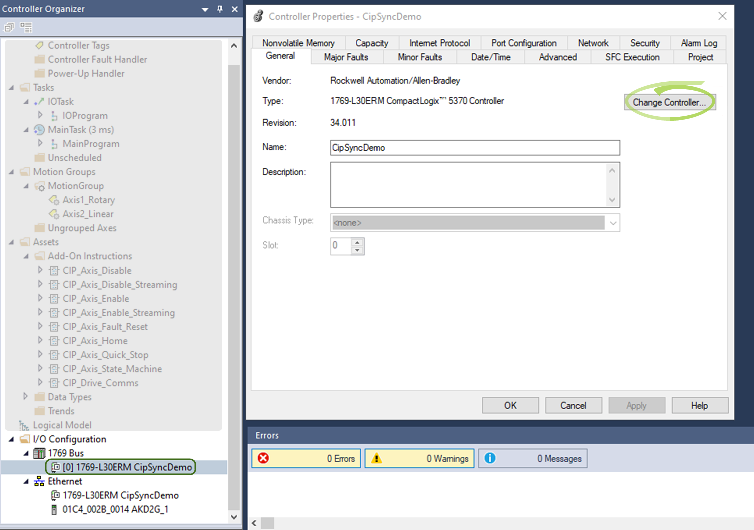 Studio 5000 Controller Properties - Cip Sync Demo with General tab open and Change Controller button circled